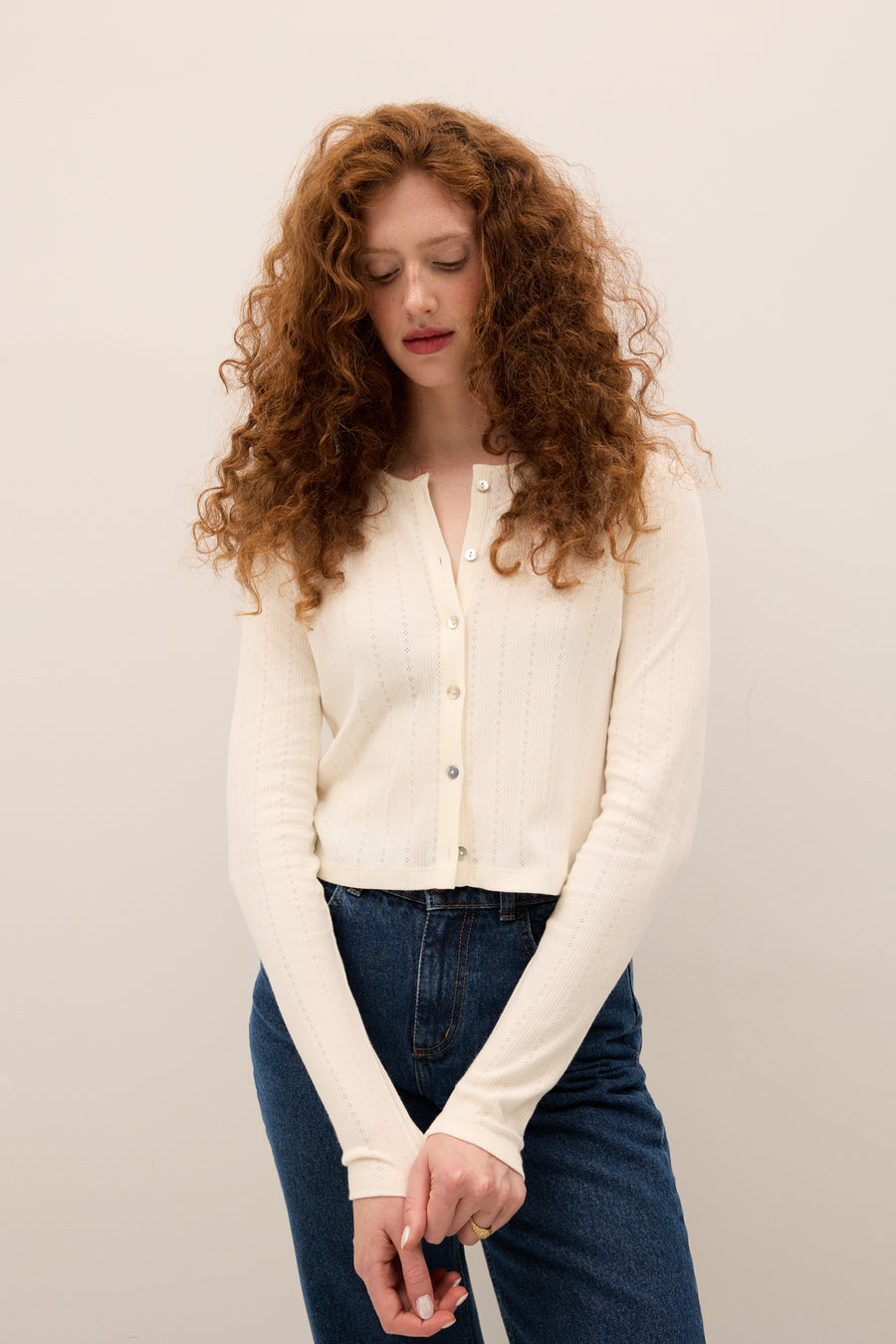 Longsleeve z bawełny pointelle / 14 / 27 / cream white